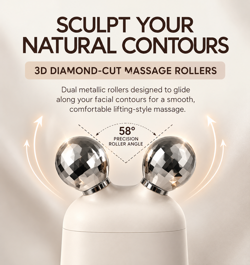 NACRE FORM 3-in-1 RF facial massager featuring dual 3D diamond-cut metallic massage rollers with a 58-degree precision angle. Premium product infographic showing the beige rechargeable electric facial beauty device with two faceted chrome rollers, designed to glide comfortably along the cheeks, jawline and facial contours. The illustration highlights the ergonomic roller design for lifting-style facial massage, face sculpting routines and at-home skincare. Ideal for customers interested in RF facial massage