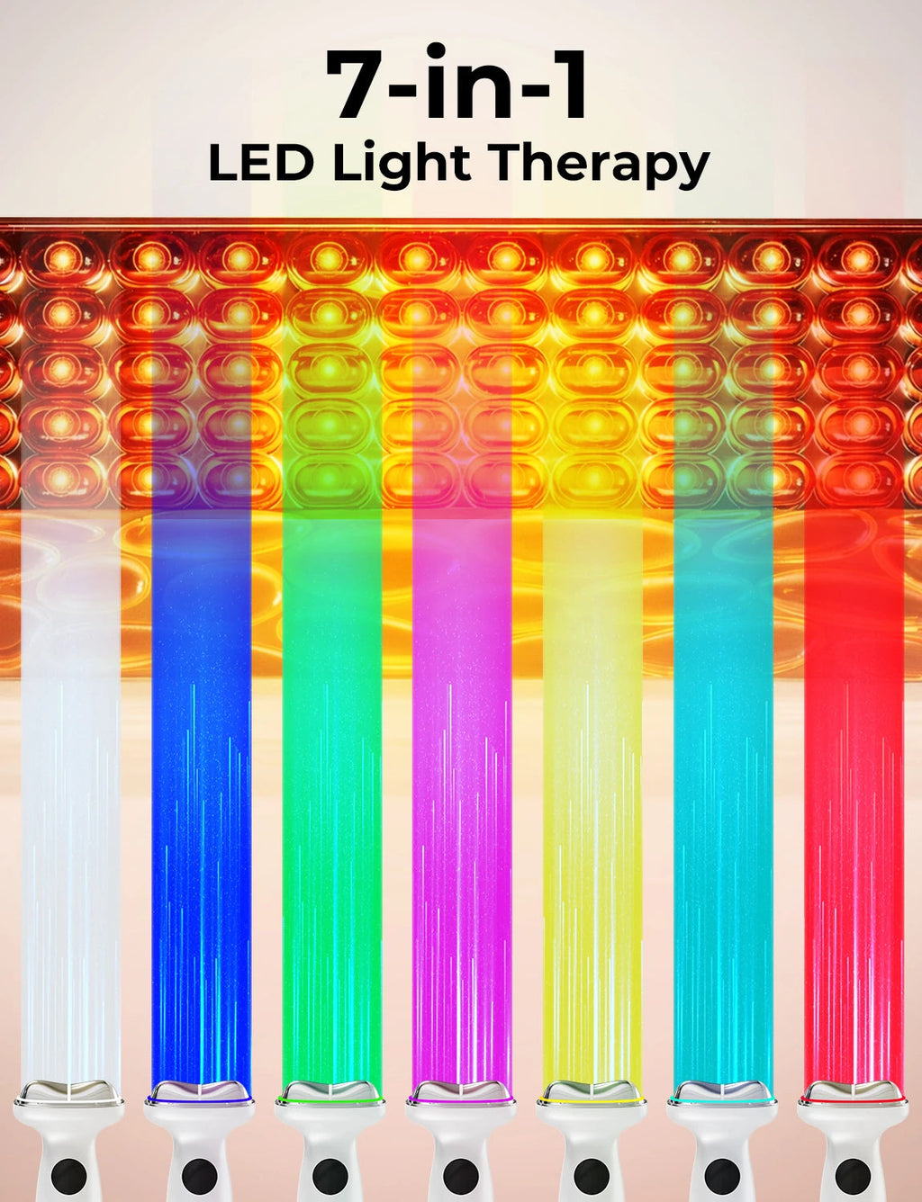 NACRE FORM™ 7-in-1 LED light therapy face device infographic showing seven different coloured light settings for a personalised facial skincare routine. The illustration features red, blue, green, yellow, violet, cyan and white LED lights. This handheld face and neck beauty tool combines LED facial care with hot and cold massage functions and gentle vibration for convenient at-home skincare.
