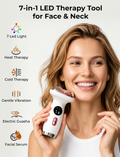NACRE FORM™ 7-in-1 LED face and neck massager used by a smiling woman along her cheek and jawline. The skincare infographic highlights seven-colour LED light therapy, warming facial massage, cooling skincare, gentle vibration and electric gua sha functionality. This rechargeable handheld facial beauty device is designed for face sculpting massage routines, refreshing tired-looking skin and everyday face and neck care.