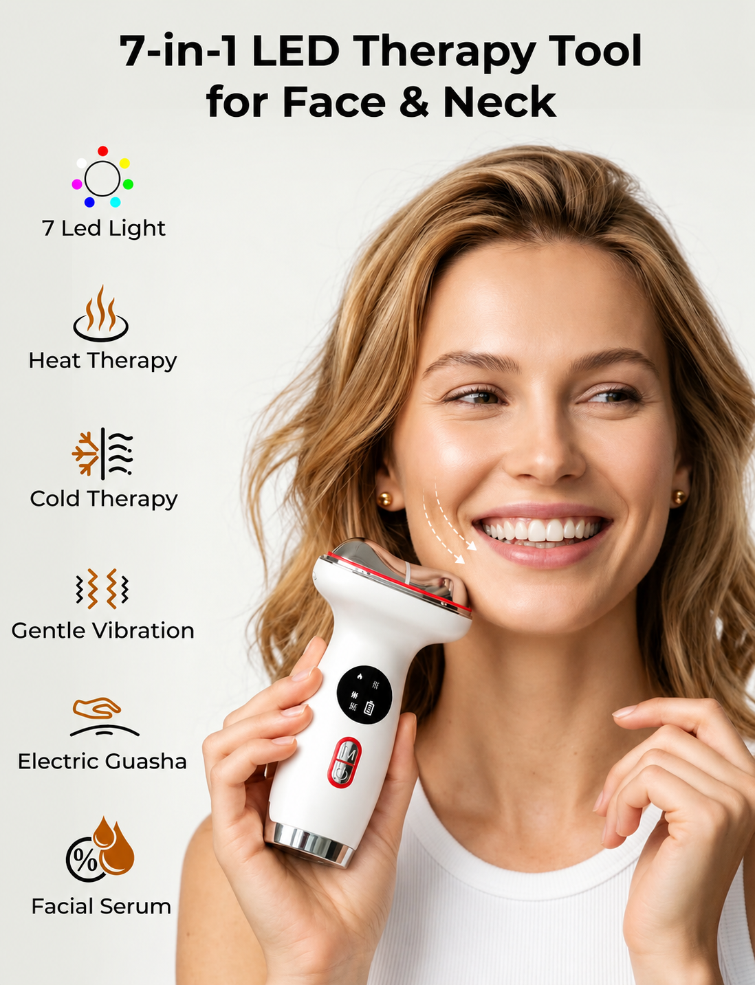 NACRE FORM™ 7-in-1 LED face and neck massager used by a smiling woman along her cheek and jawline. The skincare infographic highlights seven-colour LED light therapy, warming facial massage, cooling skincare, gentle vibration and electric gua sha functionality. This rechargeable handheld facial beauty device is designed for face sculpting massage routines, refreshing tired-looking skin and everyday face and neck care.