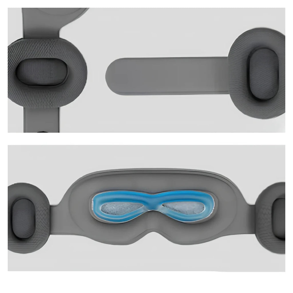 Close-up product images of the NACRE FORM™ adjustable sleep mask strap, padded headphone sections and contoured inner eye cushioning with blue gel insert. The 3D ergonomic design creates space around the eyes and eyelashes, while the flexible fastening system helps customise the fit for comfortable rest and sleep.