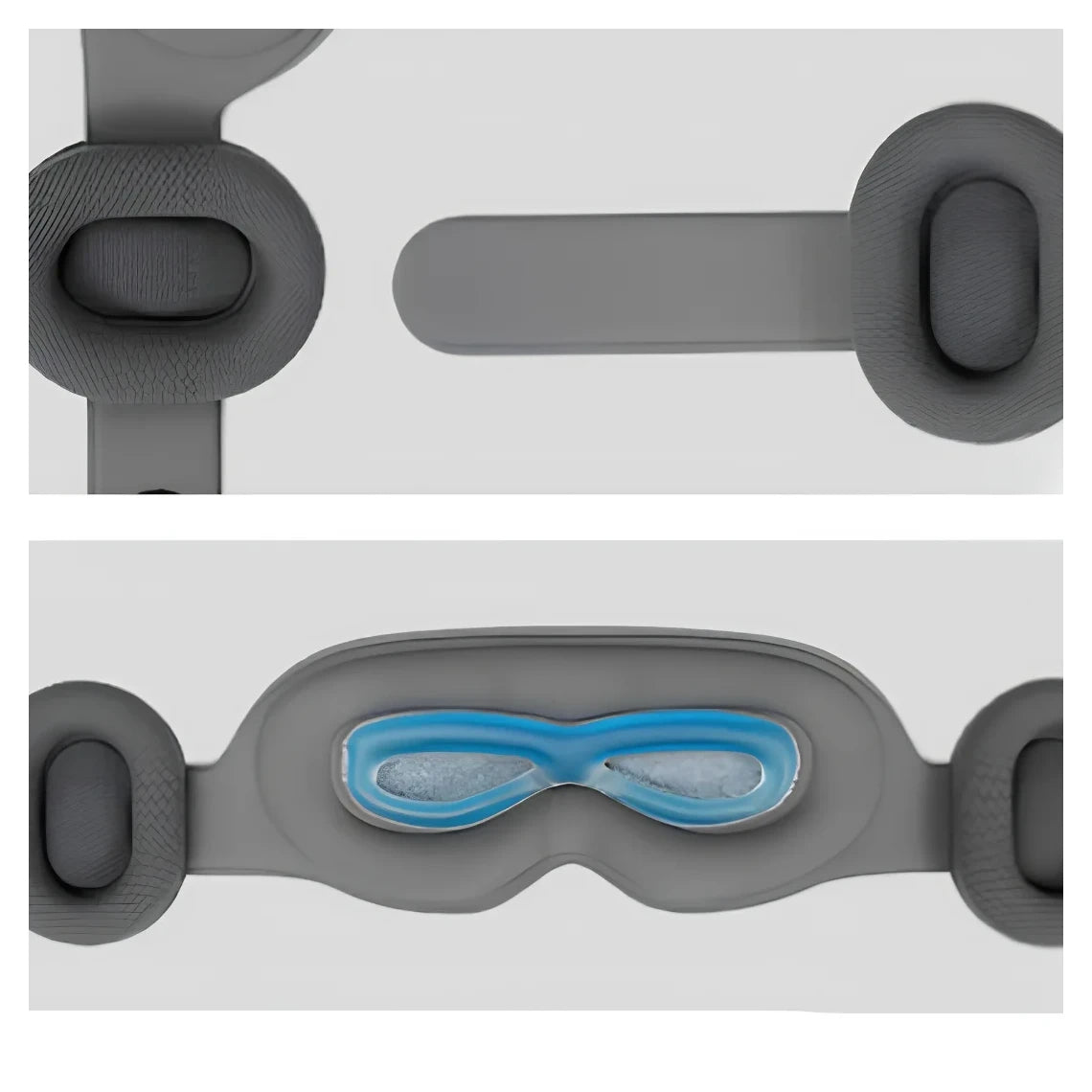 Close-up product images of the NACRE FORM™ adjustable sleep mask strap, padded headphone sections and contoured inner eye cushioning with blue gel insert. The 3D ergonomic design creates space around the eyes and eyelashes, while the flexible fastening system helps customise the fit for comfortable rest and sleep.