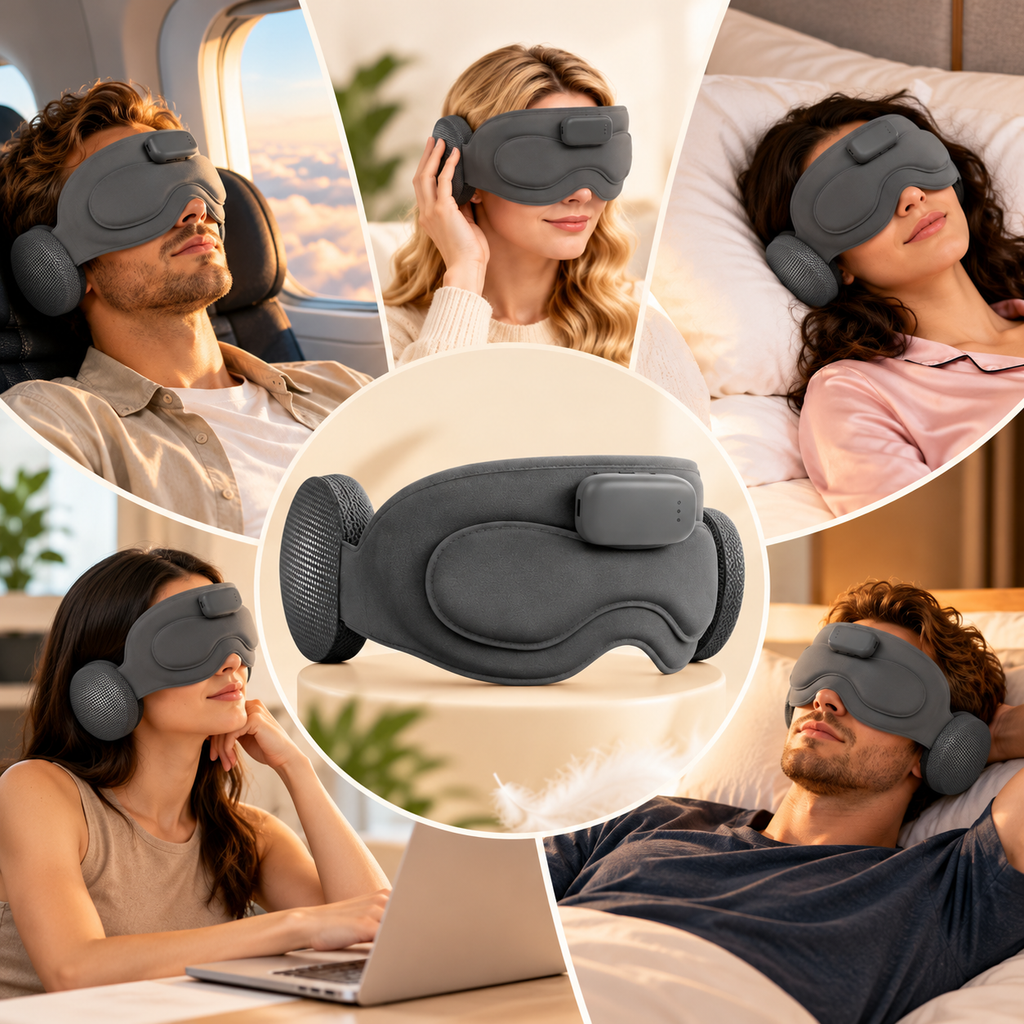 NACRE FORM™ AI Bluetooth Sleep Mask with built-in headphones and 3D blackout design, shown with men and women relaxing at home, sleeping in bed, resting during flights and train journeys, and taking breaks during work.
