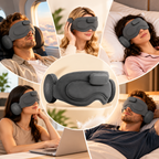 NACRE FORM™ AI Bluetooth Sleep Mask with built-in headphones and 3D blackout design, shown with men and women relaxing at home, sleeping in bed, resting during flights and train journeys, and taking breaks during work.
