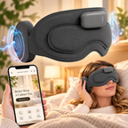 NACRE FORM™ AI Smart Sleep Mask with built-in Bluetooth headphones, 3D blackout memory foam design and wireless audio, displayed alongside a woman relaxing in bed and a smartphone showing the NACRE FORM™ wellness store.