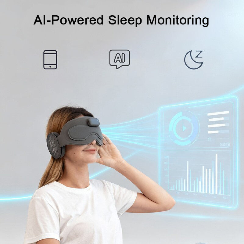Woman wearing the NACRE FORM™ AI Smart Sleep Mask beside a digital illustration of sleep monitoring data and a mobile app interface. The image highlights advertised smart sleep tracking, personal sleep reports and bedtime management features in a Bluetooth-enabled sleep mask for monitoring everyday rest habits.