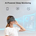 Woman wearing the NACRE FORM™ AI Smart Sleep Mask beside a digital illustration of sleep monitoring data and a mobile app interface. The image highlights advertised smart sleep tracking, personal sleep reports and bedtime management features in a Bluetooth-enabled sleep mask for monitoring everyday rest habits.