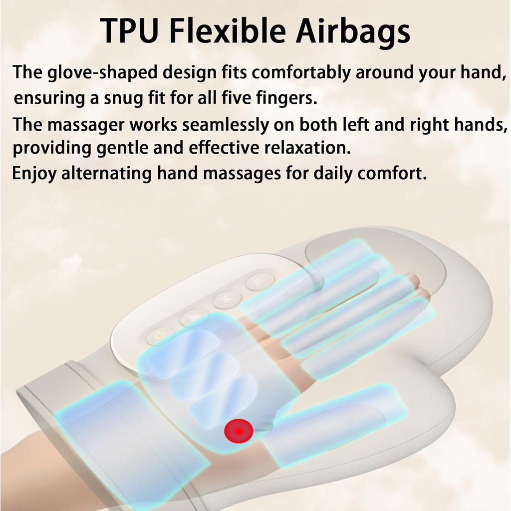NACRE FORM™ air compression hand massager showing flexible TPU airbags surrounding the fingers and palm, providing adjustable compression massage for tired hands and everyday hand stiffness.