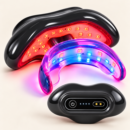 Black oral red light therapy device with red LED lip panel, blue and violet illuminated mouthpiece and rechargeable control unit, presented on a premium cream background for NACRE FORM™ oral care.