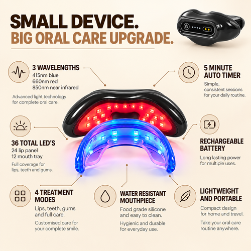 Black oral red light therapy device with red LED lip panel and blue LED mouthpiece, displayed in a NACRE FORM™ product infographic highlighting three light wavelengths, four care modes, rechargeable battery and five-minute timer.