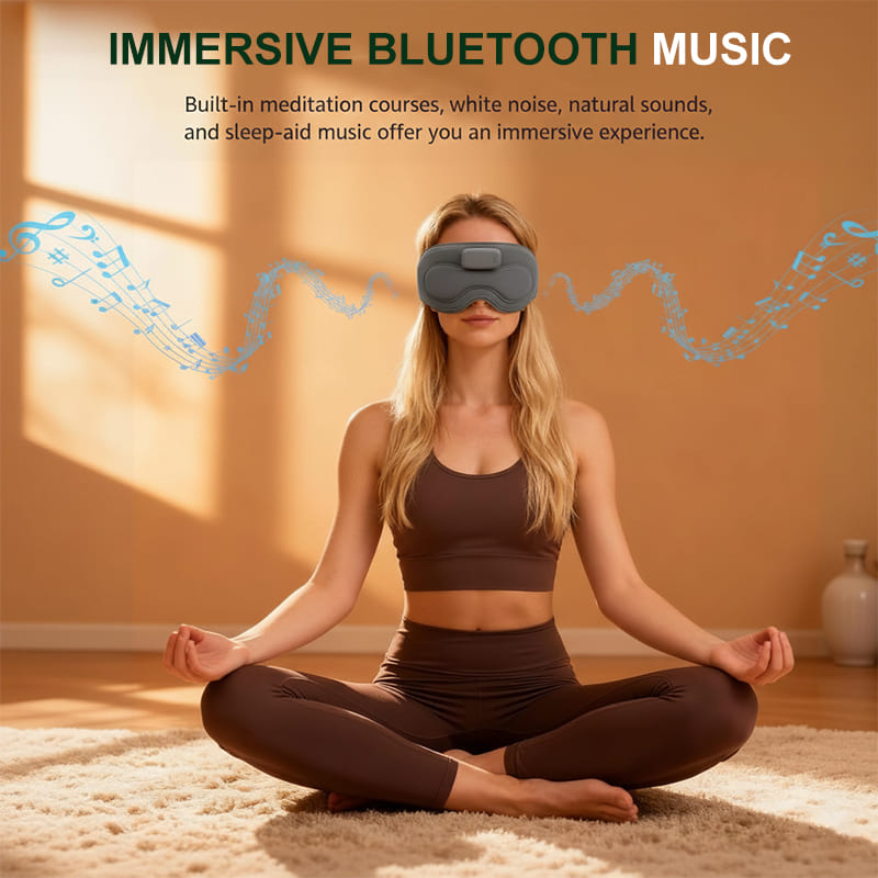 Woman meditating at home while wearing the NACRE FORM™ Bluetooth sleep mask with built-in wireless headphones. The image illustrates relaxing music, meditation audio, natural sounds and white noise for a calming bedtime routine, mindfulness practice or quiet relaxation after a busy day.