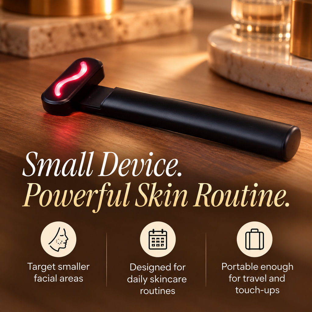 NACRE FORM™ compact red light therapy wand for face and neck displayed on a warm wooden surface in a luxurious spa-inspired setting, featuring a sleek black handheld LED facial skincare device with an illuminated curved red light treatment head. The product image highlights the portable design of this red light face wand, with an infographic showing its suitability for targeted facial areas, everyday skincare routines and travel.