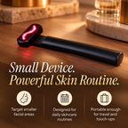 NACRE FORM™ compact red light therapy wand for face and neck displayed on a warm wooden surface in a luxurious spa-inspired setting, featuring a sleek black handheld LED facial skincare device with an illuminated curved red light treatment head. The product image highlights the portable design of this red light face wand, with an infographic showing its suitability for targeted facial areas, everyday skincare routines and travel.