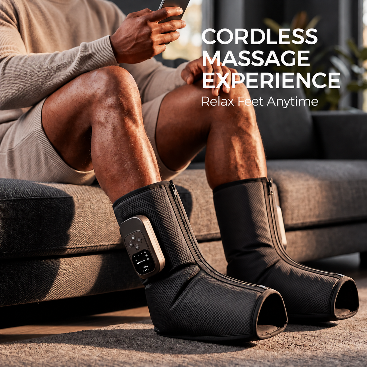 NACRE FORM™ cordless air compression foot and ankle massager worn by a man relaxing on a sofa at home. The lifestyle image features black rechargeable compression massage boots with digital controls, zip fastenings and an open-toe design. This portable electric foot massager is designed for personalised everyday relaxation and soothing foot and ankle comfort.