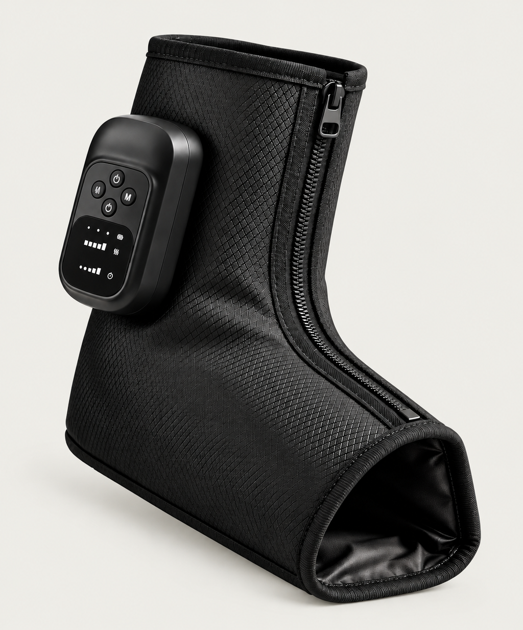 NACRE FORM™ cordless air compression foot and ankle massager shown as a single black massage boot against a premium beige background. This rechargeable electric foot massager features a digital control panel, adjustable massage modes, compression intensity settings, soothing heat, textured fabric and a side zip. The portable heated foot and ankle massager is designed for personalised relaxation and everyday foot comfort at home.