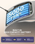 Close-up infographic of the NACRE FORM™ cordless heated lower back massager belt showing its built-in 5000mAh rechargeable battery, charging connection and battery compartment. This portable lumbar massage belt combines rechargeable power with adjustable heating and vibration massage functions, offering convenient wireless back massage and warming comfort for everyday use at home or while relaxing.