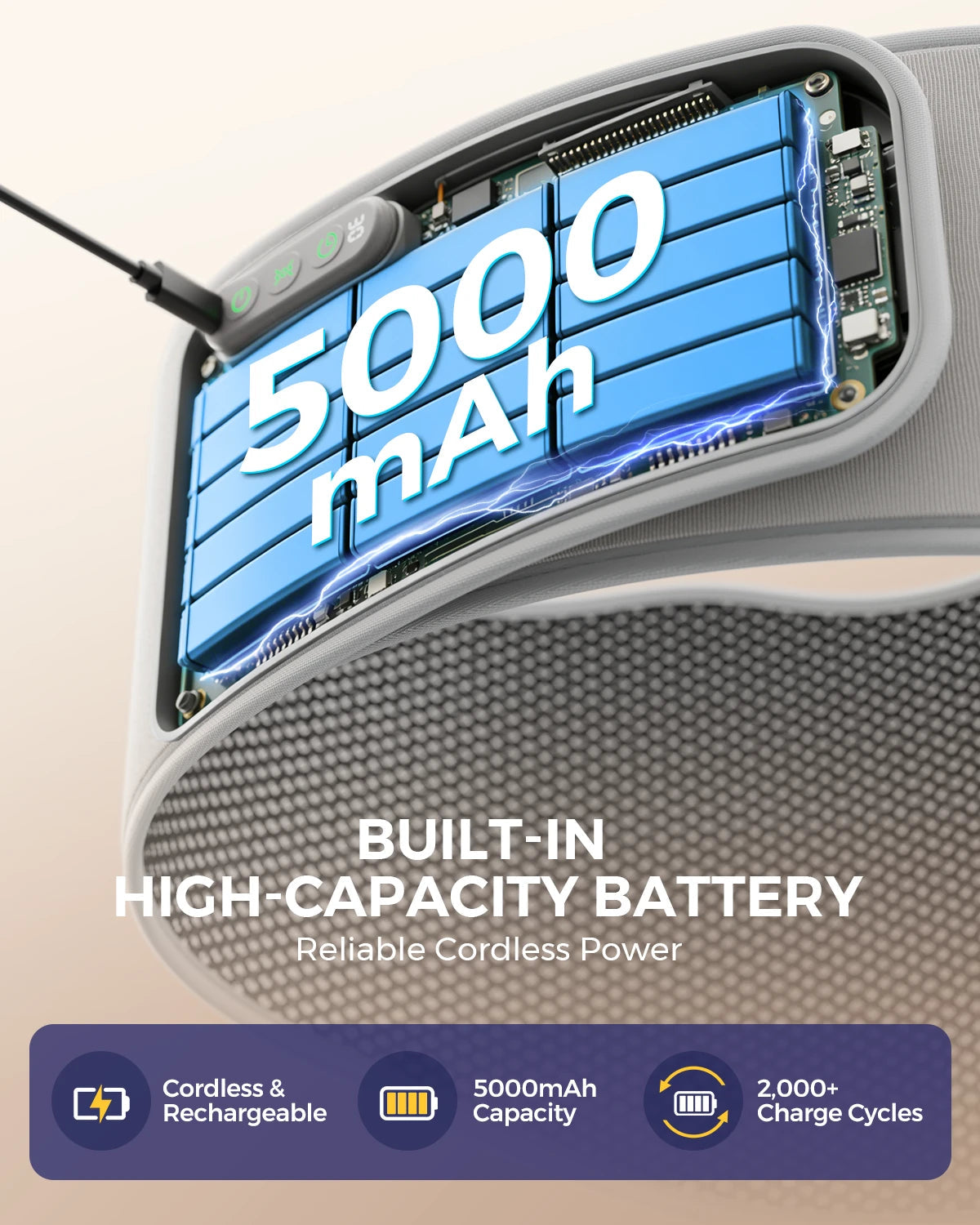 Close-up infographic of the NACRE FORM™ cordless heated lower back massager belt showing its built-in 5000mAh rechargeable battery, charging connection and battery compartment. This portable lumbar massage belt combines rechargeable power with adjustable heating and vibration massage functions, offering convenient wireless back massage and warming comfort for everyday use at home or while relaxing.