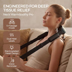 NACRE FORM™ cordless Shiatsu neck and shoulder massager with heat used by a woman relaxing on a sofa. The black electric neck massager features ergonomic straps, metallic kneading heads and hands-free comfort. This rechargeable heated shoulder massager offers five massage modes, dual heat settings and a voice reminder, making it a convenient deep kneading massage device for everyday neck and shoulder relaxation, home massage and personal self-care routines.
