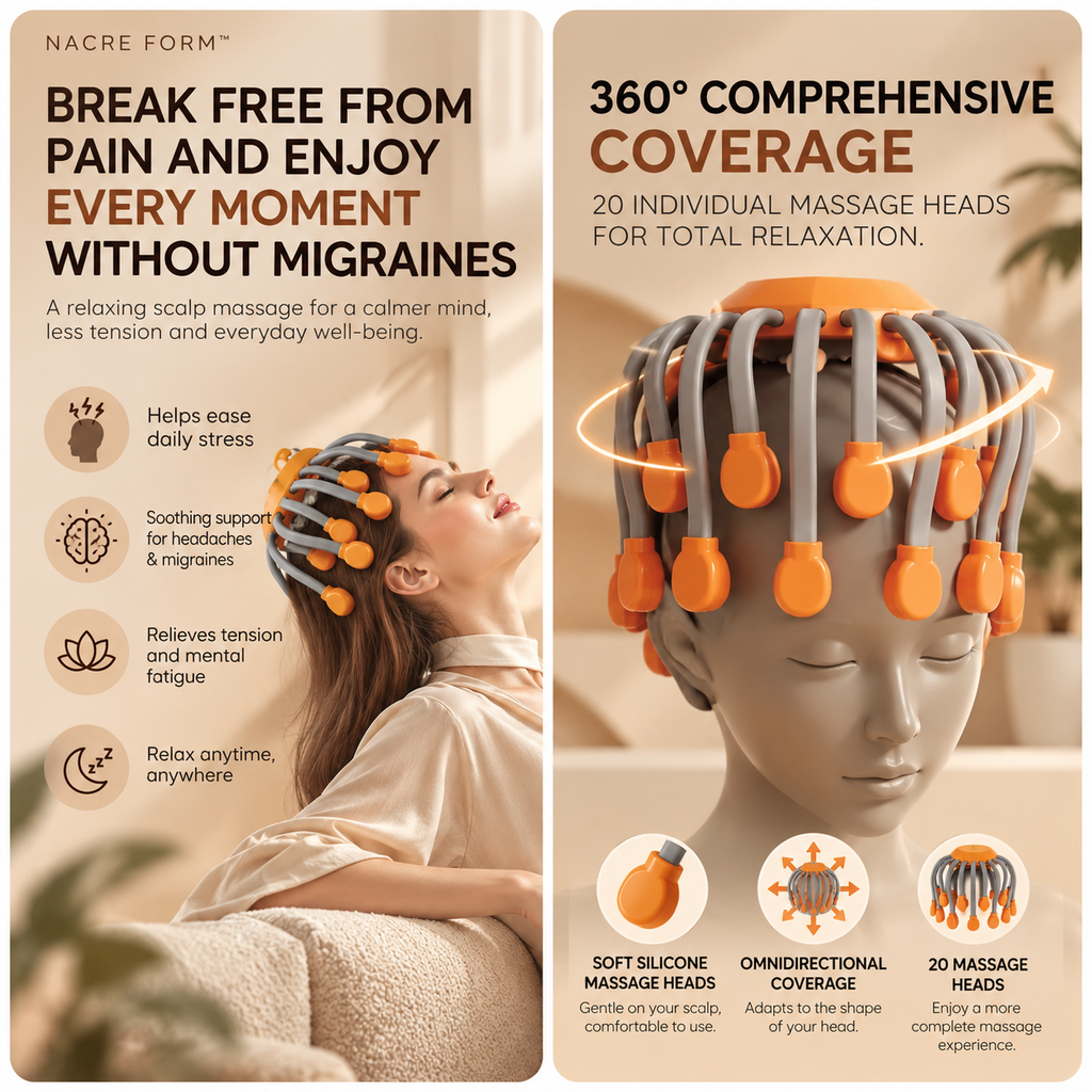 NACRE FORM™ electric head and scalp massager with 20 flexible silicone massage heads and 360-degree coverage, shown during a relaxing scalp massage for everyday stress, head tension and mental fatigue.