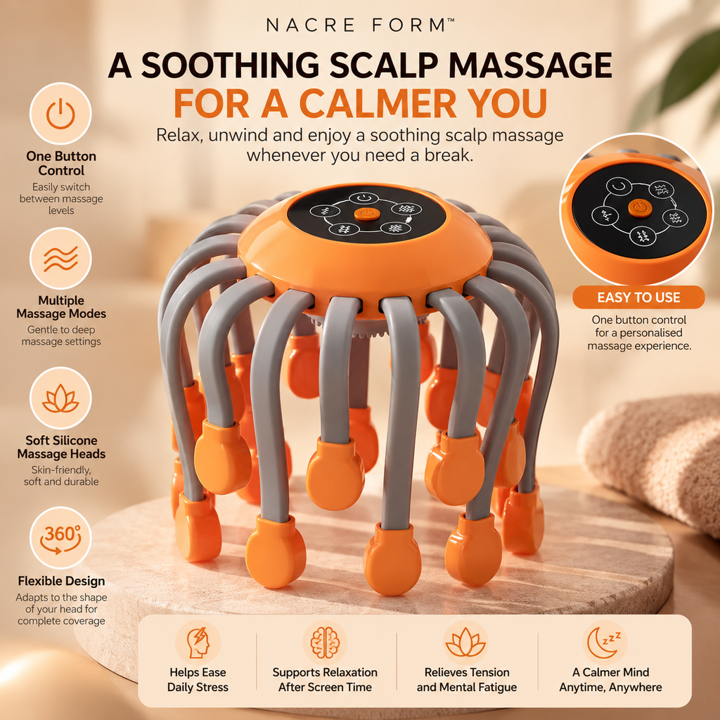 NACRE FORM™ electric head and scalp massager with flexible silicone massage heads and one-touch controls, designed for a relaxing scalp massage after stressful days, screen fatigue and everyday head tension.