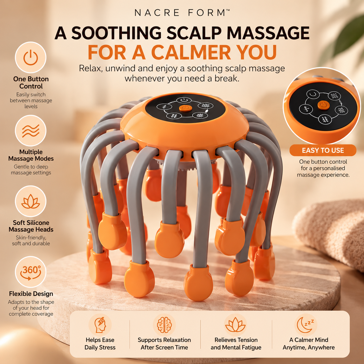 NACRE FORM™ electric head and scalp massager with flexible silicone massage heads and one-touch controls, designed for a relaxing scalp massage after stressful days, screen fatigue and everyday head tension.