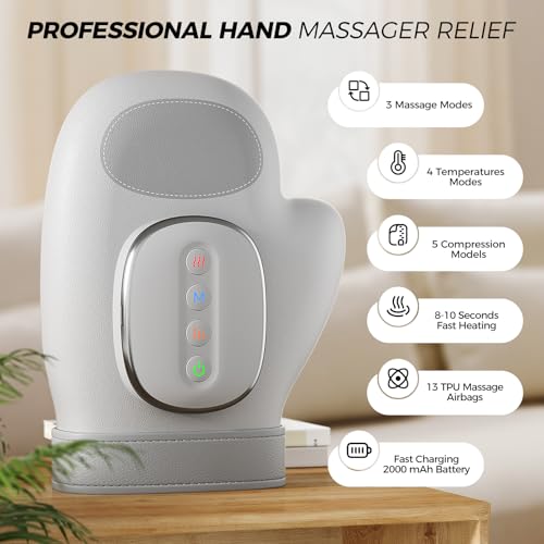 NACRE FORM™ electric heated hand massager with air compression, adjustable massage modes, temperature settings and rechargeable battery, designed for soothing hand and finger massage at home.