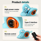 NACRE FORM™ electric neck massager showing its massage motor, USB-C charging port and wireless remote control, with convenient settings for a personalised neck massage after work or daily activities.