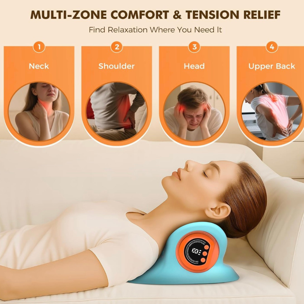 NACRE FORM™ electric neck and shoulder massager showing four comfort areas, including the neck, shoulders, head and upper back, for people seeking relaxation after desk work and long periods of sitting.