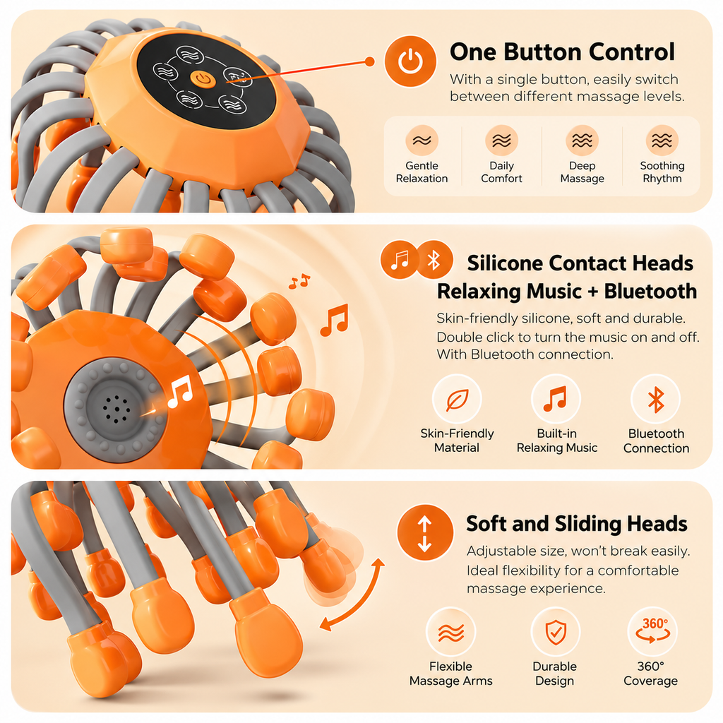 NACRE FORM™ electric head and scalp massager featuring one-button massage controls, flexible silicone massage heads and a premium music function, designed for a soothing scalp massage after stressful days, screen fatigue and everyday tension.