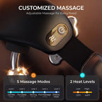 NACRE FORM™ electric Shiatsu neck and shoulder massager displaying five adjustable massage modes and two heat levels. The product infographic highlights integrated control buttons, metallic kneading massage heads and personalised settings on a black cordless neck massager. This rechargeable heated Shiatsu massager combines deep kneading movements, warming comfort and hands-free operation, allowing users to customise their neck and shoulder massage experience for home relaxation and everyday self-care.