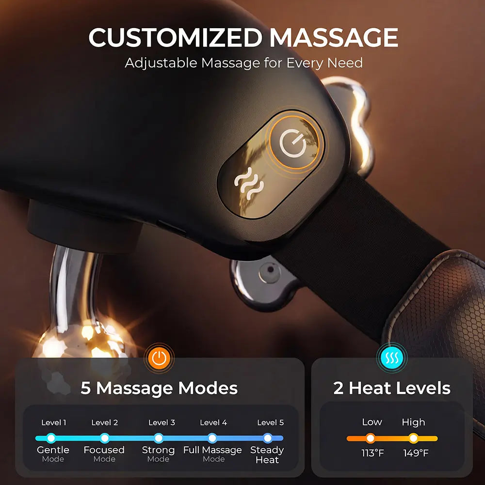 NACRE FORM™ electric Shiatsu neck and shoulder massager displaying five adjustable massage modes and two heat levels. The product infographic highlights integrated control buttons, metallic kneading massage heads and personalised settings on a black cordless neck massager. This rechargeable heated Shiatsu massager combines deep kneading movements, warming comfort and hands-free operation, allowing users to customise their neck and shoulder massage experience for home relaxation and everyday self-care.