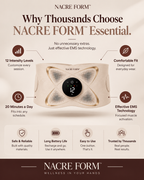 NACRE FORM™ Essential EMS abdominal toning belt displayed in a premium product infographic featuring a beige adjustable waist belt, gold-toned detailing and a central digital control panel. The electronic muscle stimulation belt is presented with 12 intensity levels, a comfortable fit, 20-minute sessions and rechargeable operation. Designed for customers searching for an EMS abdominal trainer, electric muscle stimulator, abdominal toning belt or wearable core muscle stimulation device for home fitness and 