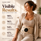 Woman relaxing at home while wearing the NACRE FORM™ rechargeable EMS abdominal toning belt, a wearable core muscle stimulator with adjustable intensity settings, designed for comfortable everyday use as part of a personal fitness and wellness routine.