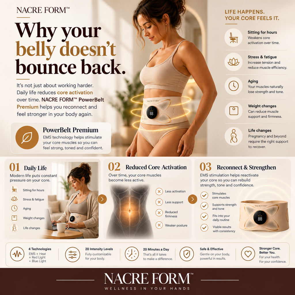 NACRE FORM™ PowerBelt Premium EMS abdominal toning belt shown on a woman wearing a beige electronic muscle stimulation device around her waist. The lifestyle infographic illustrates everyday factors affecting abdominal muscle conditioning, including prolonged sitting, ageing and changes in physical activity. Additional panels feature the wearable EMS abdominal trainer, its digital controller and adjustable waist design. The premium rechargeable EMS muscle stimulator is presented as part of an at-home fitnes
