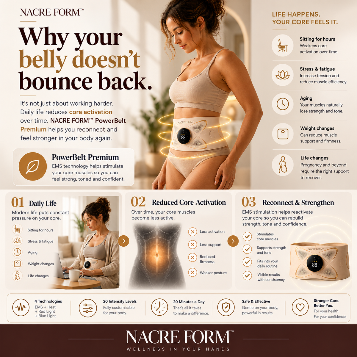 NACRE FORM™ PowerBelt Premium EMS abdominal toning belt shown on a woman wearing a beige electronic muscle stimulation device around her waist. The lifestyle infographic illustrates everyday factors affecting abdominal muscle conditioning, including prolonged sitting, ageing and changes in physical activity. Additional panels feature the wearable EMS abdominal trainer, its digital controller and adjustable waist design. The premium rechargeable EMS muscle stimulator is presented as part of an at-home fitnes