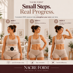 NACRE FORM™ EMS abdominal toning belt featured in a three-stage lifestyle infographic showing a woman during weeks 1, 4 and 8 of her home fitness routine. The first image shows the adjustable electronic muscle stimulation belt worn around the waist, while the following images illustrate a consistent wellness and core training routine. Designed to showcase an EMS waist belt for women, abdominal muscle stimulation, at-home fitness, core workout support and everyday body wellness.