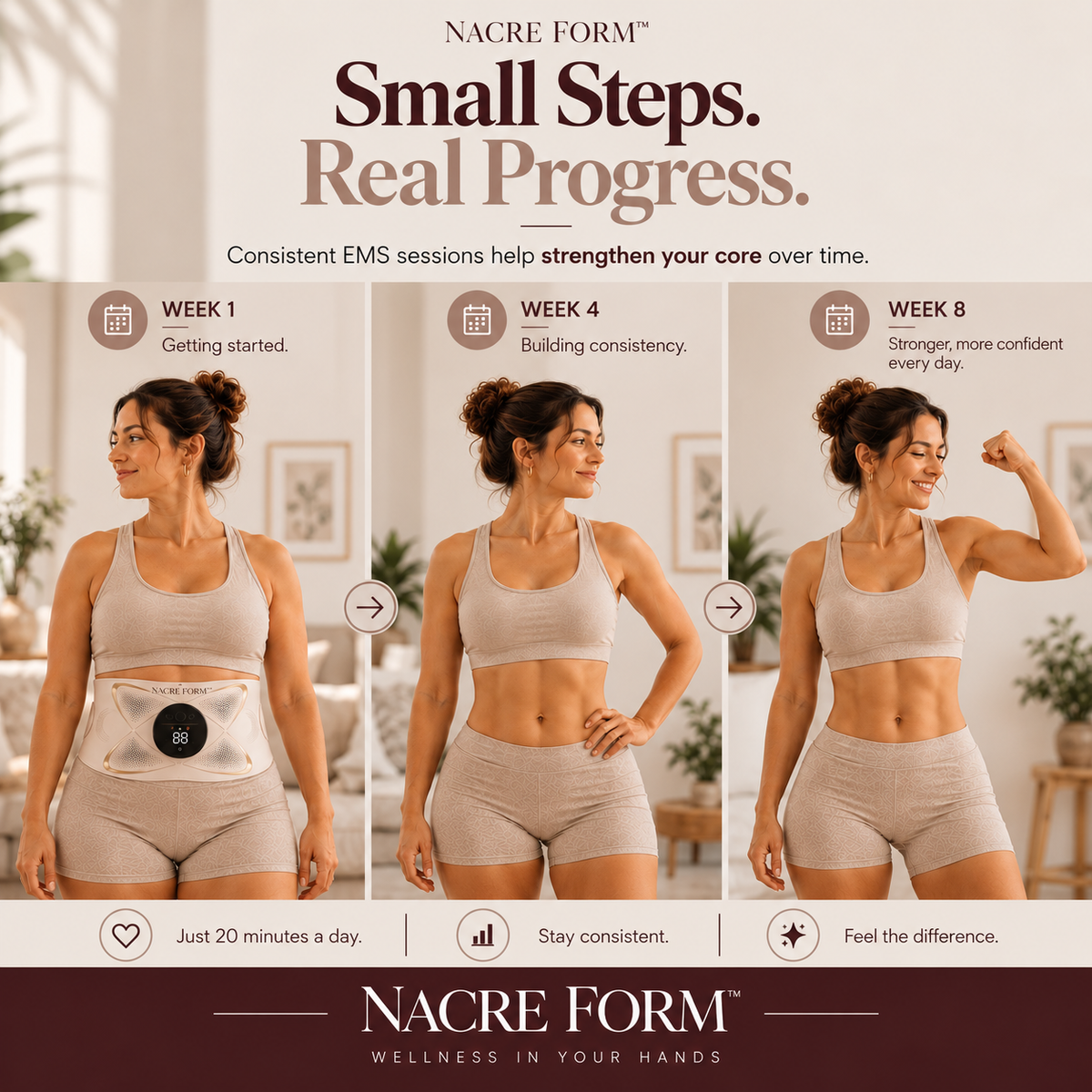 NACRE FORM™ EMS abdominal toning belt featured in a three-stage lifestyle infographic showing a woman during weeks 1, 4 and 8 of her home fitness routine. The first image shows the adjustable electronic muscle stimulation belt worn around the waist, while the following images illustrate a consistent wellness and core training routine. Designed to showcase an EMS waist belt for women, abdominal muscle stimulation, at-home fitness, core workout support and everyday body wellness.