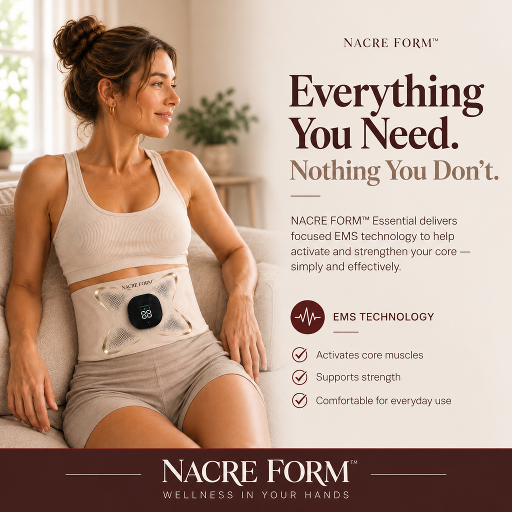 A woman relaxing on a sofa while wearing the NACRE FORM™ EMS abdominal toning belt, featuring an adjustable electronic muscle stimulation controller and a comfortable wraparound design. This wearable core muscle stimulator is presented as an everyday abdominal training accessory for women looking to incorporate EMS technology into their home fitness and wellness routine.