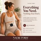 A woman relaxing on a sofa while wearing the NACRE FORM™ EMS abdominal toning belt, featuring an adjustable electronic muscle stimulation controller and a comfortable wraparound design. This wearable core muscle stimulator is presented as an everyday abdominal training accessory for women looking to incorporate EMS technology into their home fitness and wellness routine.