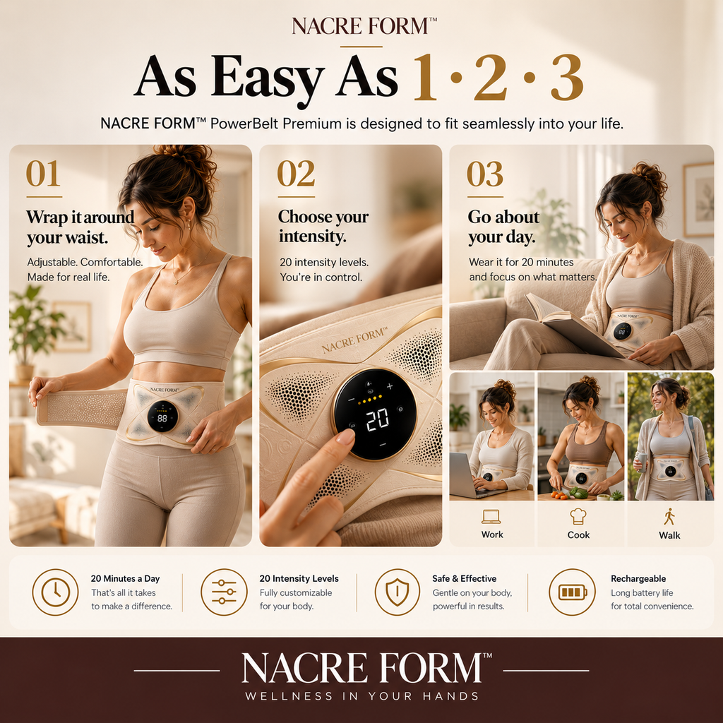 NACRE FORM™ PowerBelt Premium EMS abdominal toning belt shown in a three-step visual guide demonstrating how to wear and operate an electronic abdominal muscle stimulator. A woman adjusts the wearable waist belt around her abdomen, selects an intensity setting using the digital controller and relaxes while wearing the device. Additional lifestyle images show the EMS waist trainer during everyday activities, including working from home, cooking and walking. The infographic highlights the adjustable abdominal