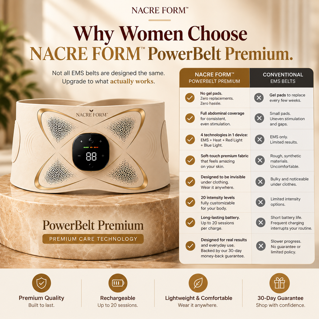 NACRE FORM™ premium EMS abdominal toning belt displayed on a marble pedestal beside a comparison chart highlighting its features against conventional electronic muscle stimulation belts. The beige adjustable waist belt features a digital control panel and a wide abdominal contact area. The infographic presents the wearable EMS muscle stimulator with adjustable intensity settings, rechargeable operation, comfortable fabric and multiple wellness technologies. A detailed product comparison for shoppers looking