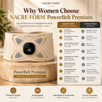 NACRE FORM™ premium EMS abdominal toning belt displayed on a marble pedestal beside a comparison chart highlighting its features against conventional electronic muscle stimulation belts. The beige adjustable waist belt features a digital control panel and a wide abdominal contact area. The infographic presents the wearable EMS muscle stimulator with adjustable intensity settings, rechargeable operation, comfortable fabric and multiple wellness technologies. A detailed product comparison for shoppers looking