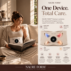 NACRE FORM™ premium EMS abdominal toning belt displayed in an elegant home wellness setting, featuring a woman relaxing on a sofa while wearing the electronic waist belt. The product infographic highlights four integrated technologies: electrical muscle stimulation (EMS), red light, blue light and heat therapy. A detailed close-up shows the adjustable abdominal muscle stimulator with its digital control panel and illuminated treatment zones. Designed for women interested in an EMS waist belt, abdominal toni