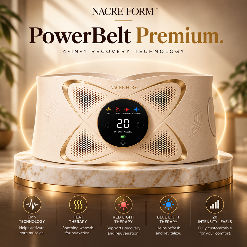 NACRE FORM™ PowerBelt Premium rechargeable EMS abdominal toning belt displayed on a marble pedestal, featuring an adjustable core muscle stimulator with 20 intensity levels, integrated heat therapy, red light and blue light functions, and a digital control panel for a personalised at-home wellness routine.