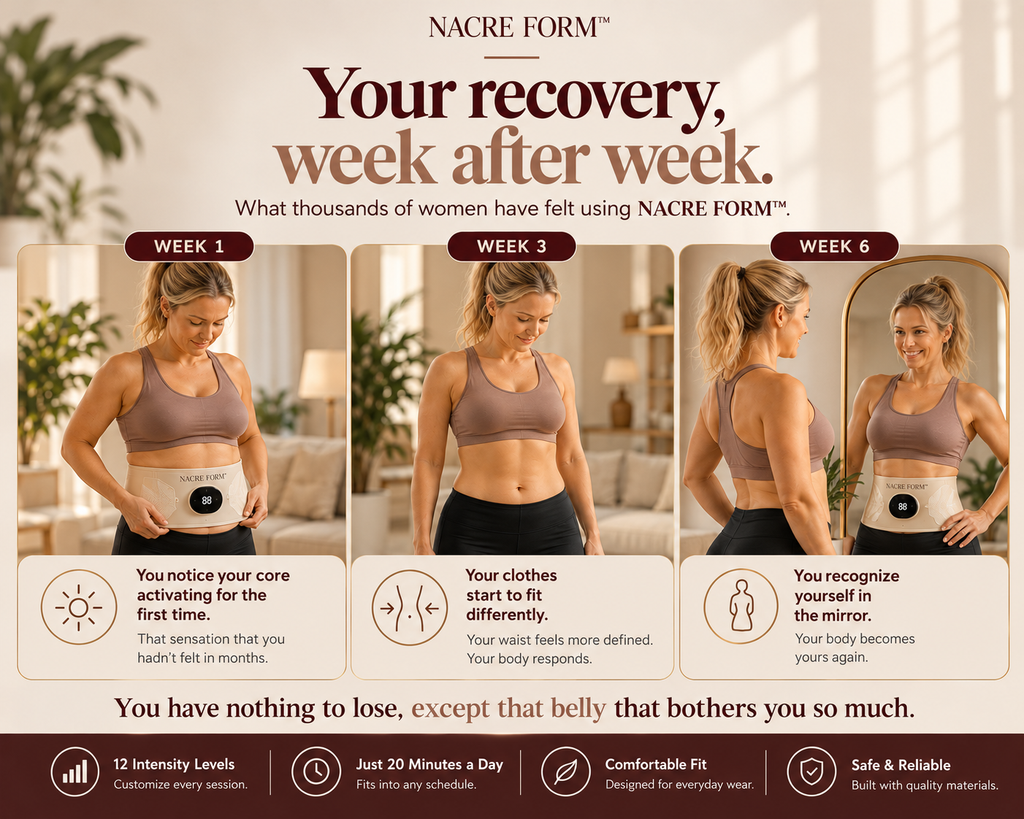 NACRE FORM™ EMS abdominal toning belt featured in a three-panel lifestyle infographic showing a woman incorporating a wearable electronic muscle stimulation device into her weekly wellness routine. The images illustrate Week 1, Week 3 and Week 6, with a beige EMS waist belt, digital controller and adjustable fit. The infographic highlights abdominal muscle stimulation, 12 intensity levels, 20-minute sessions and everyday comfort. Designed to showcase an EMS abdominal trainer, electric muscle stimulator