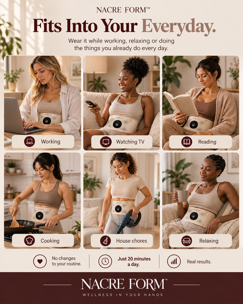 NACRE FORM™ EMS abdominal toning belt shown in six everyday lifestyle settings, featuring women wearing an adjustable electronic muscle stimulator around their waist while working on a laptop, watching television, reading, cooking, doing household chores and relaxing on the sofa. The lightweight abdominal toning device features a digital control panel and is presented as a convenient addition to an at-home fitness and wellness routine. This lifestyle infographic highlights the versatility of an EMS waist be