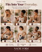 NACRE FORM™ EMS abdominal toning belt shown in six everyday lifestyle settings, featuring women wearing an adjustable electronic muscle stimulator around their waist while working on a laptop, watching television, reading, cooking, doing household chores and relaxing on the sofa. The lightweight abdominal toning device features a digital control panel and is presented as a convenient addition to an at-home fitness and wellness routine. This lifestyle infographic highlights the versatility of an EMS waist be