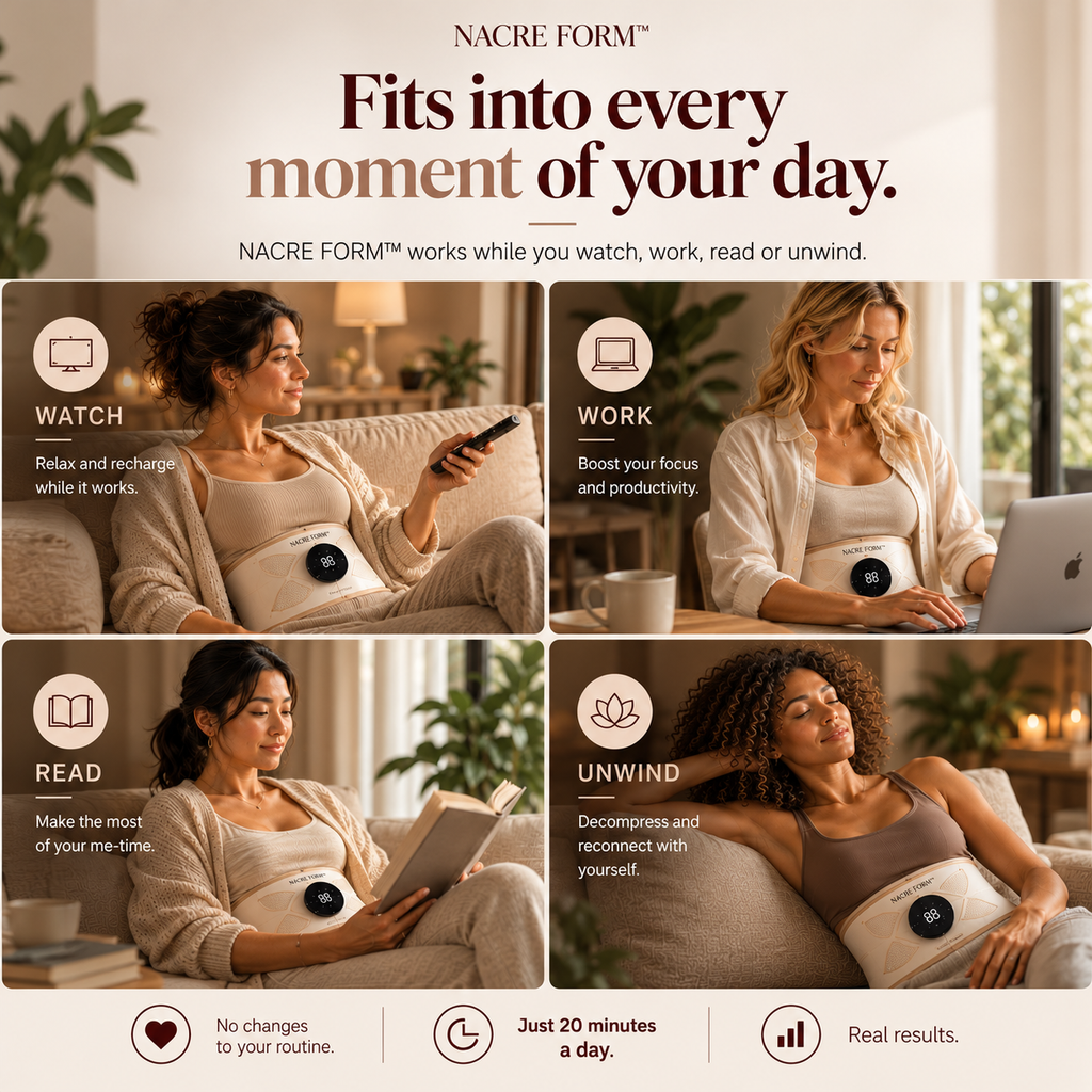NACRE FORM™ EMS abdominal toning belt shown in four everyday lifestyle scenes featuring women wearing an adjustable electronic muscle stimulation belt around their waist while watching television, working on a laptop, reading a book and relaxing at home. The wearable abdominal muscle stimulator features a digital control panel and a flexible waist belt design, making it suitable for an everyday wellness routine. The infographic illustrates how an EMS waist belt for women can fit into daily activities, home 