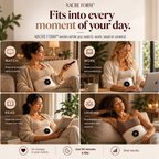 NACRE FORM™ EMS abdominal toning belt shown in four everyday lifestyle scenes featuring women wearing an adjustable electronic muscle stimulation belt around their waist while watching television, working on a laptop, reading a book and relaxing at home. The wearable abdominal muscle stimulator features a digital control panel and a flexible waist belt design, making it suitable for an everyday wellness routine. The infographic illustrates how an EMS waist belt for women can fit into daily activities, home 