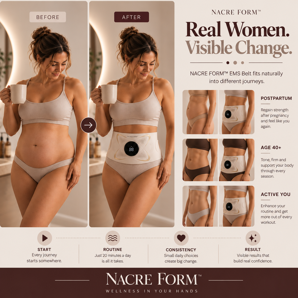 NACRE FORM™ EMS abdominal toning belt shown in a before-and-after lifestyle comparison featuring a woman wearing an adjustable waist belt with electronic muscle stimulation technology. The image highlights everyday core training routines, abdominal muscle stimulation, home fitness and wellness, with examples of how women may incorporate an EMS toning belt into their routine after pregnancy, over 40 or alongside regular exercise.
